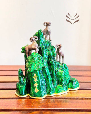 Light-Coded Fortune & Family 3 Sheep statue featuring detailed sheep figures on a green mountain, designed for overcoming wealth blockages.