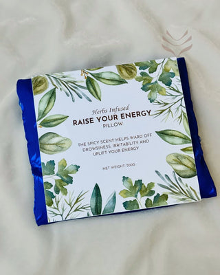 Herbs Infused Raise Your Energy Pillow with leafy design