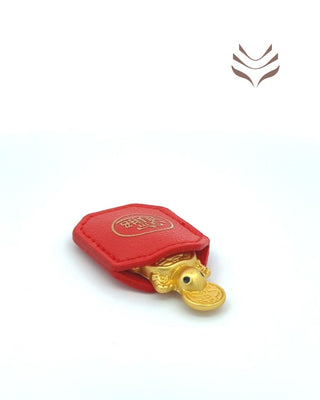 Light-Coded Pocket Tortoise placed inside a protective red pouch with feng shui symbols, ideal for carrying blessings of wealth and health.