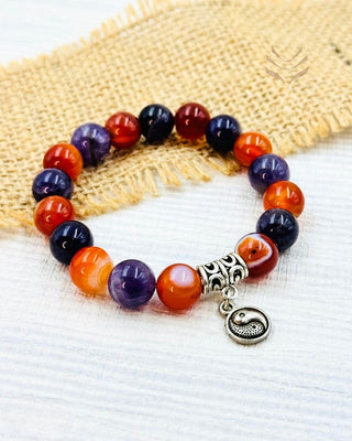 Twin Flame Connection bracelet featuring carnelian and amethyst beads.