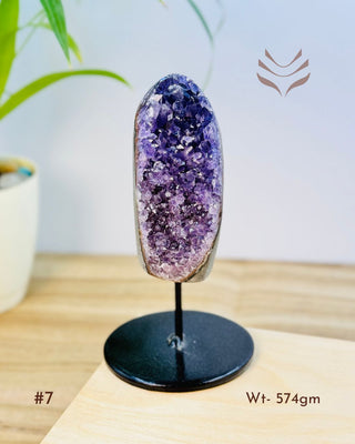 Light-coded amethyst crystal cluster with stand, 448 grams, for spiritual growth